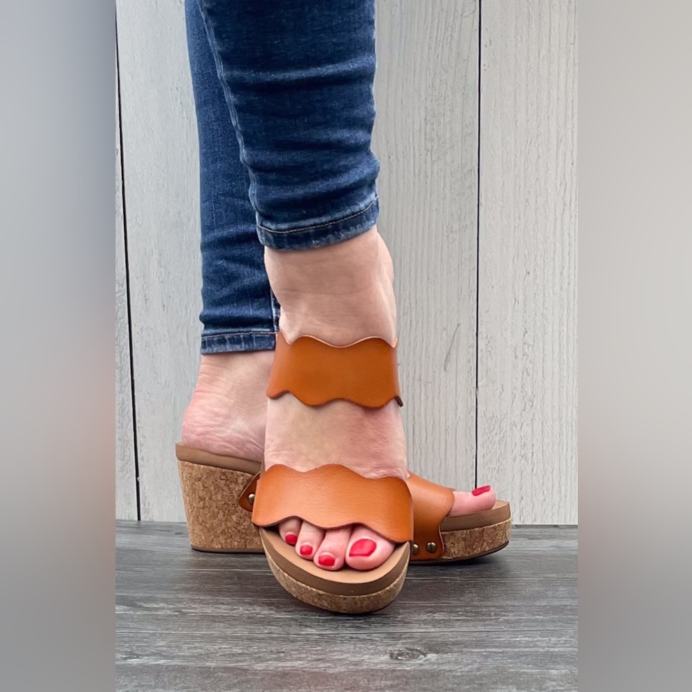 Corkys Footwear Obviously cognac brown Scalloped Double Strap Wedges - Picture 2 of 7